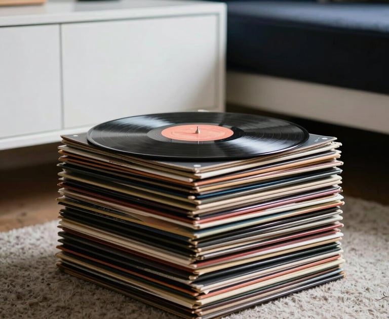 An artistic photography shot of a pile of vinyl records in a modern living room with ghost white furniture and dark navy accents.