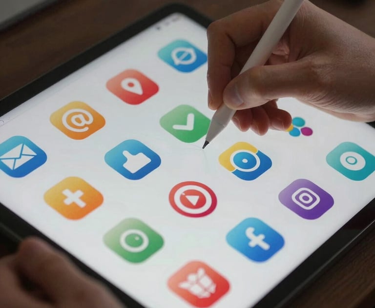 A designer's hand using a stylus on a digital tablet to sketch out a colorful mobile app icon. Global / Western.
