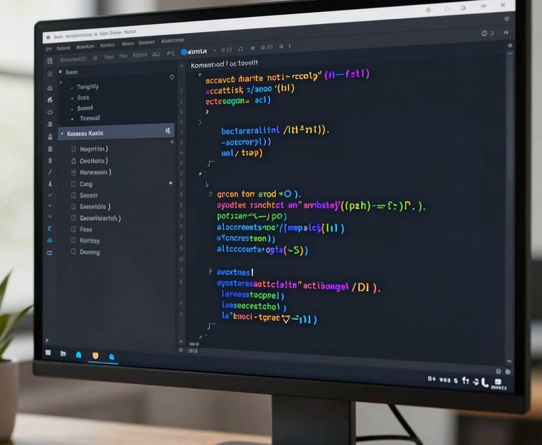 A close-up of a code editor showing a clean Kotlin file with colorful syntax highlighting on a large monitor. Modern, professional setting.