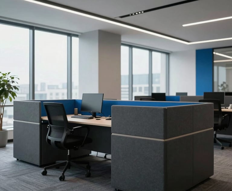 Modern office interior with dark gray furniture, blue accents, large windows, professional photography.