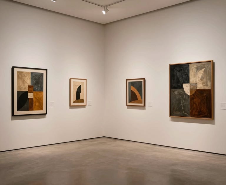 A selection of architectural art pieces displayed in a high-end North American gallery with clean lines and warm lighting.