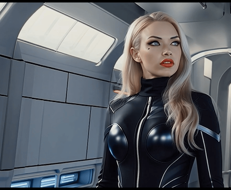Blonde woman in a black sci-fi bodysuit standing inside a futuristic spaceship hallway.