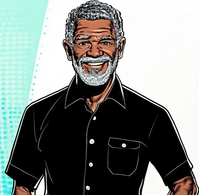 Illustration of an older man with short curly gray hair and a beard, smiling warmly while wearing a black button-up shirt