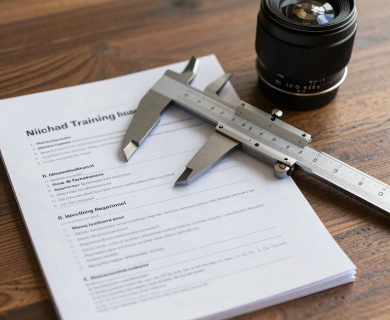 A serene photography shot of a technical training manual and a set of professional calipers on a wooden surface.
