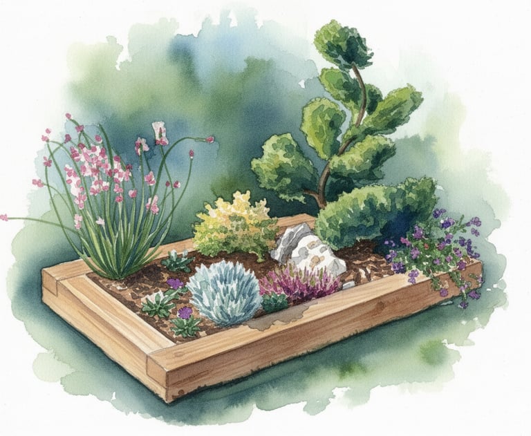 Illustration aquarelle d'un projet de jardin de mémoire personnalisé avec cadre en bois et plantes