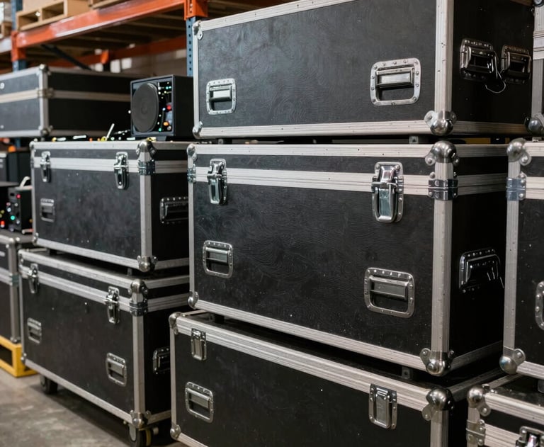 An organized equipment storage area in a North American warehouse, showing stacks of professional flight cases and audio equipment.