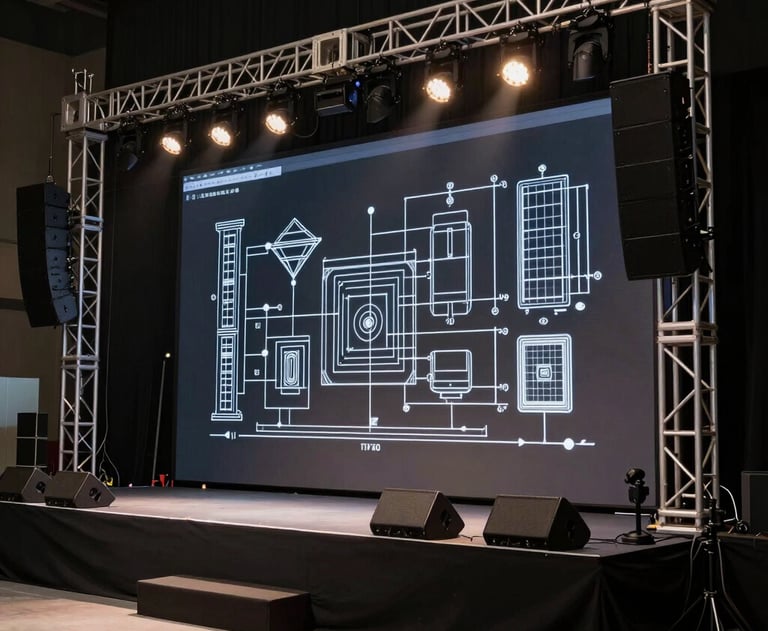 Professional technical drawing of an event stage layout, showing lighting rig points and speaker placement on a dark screen.