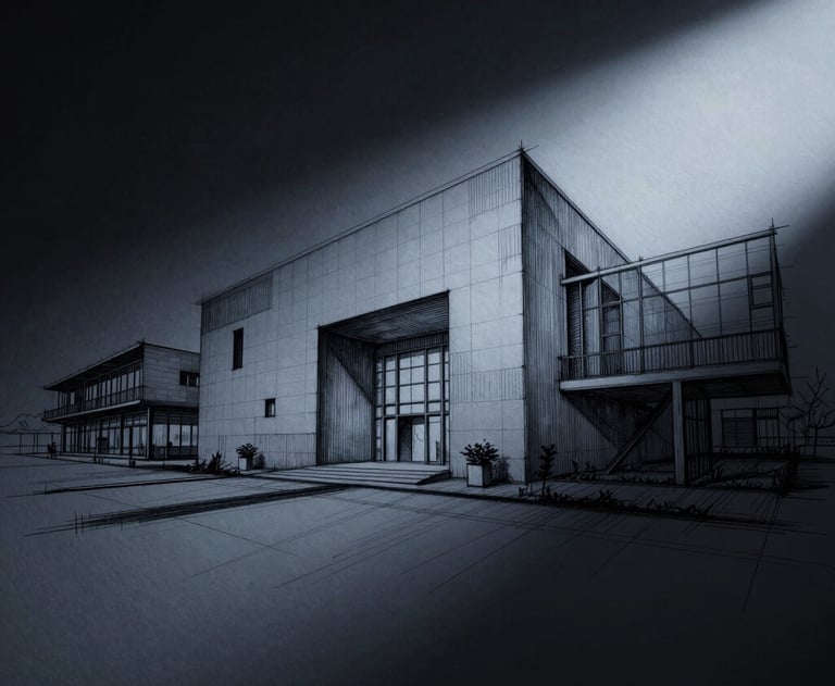 A photograph of an architectural sketch on a dark background, highlighted by a single beam of cold light. Analytical and intellectual mood. Midnight black and slate blue-gray.