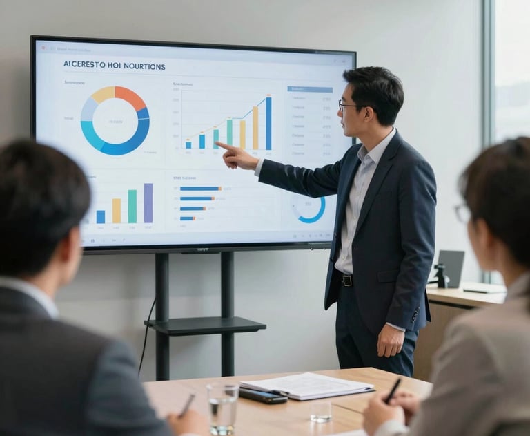 Photography of a professional meeting in a bright North American office. A person is pointing to a screen showing analytics data. Clean and professional.