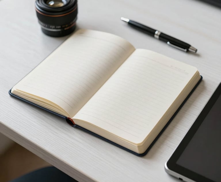 An open notebook on a white wooden table with a pen and a tablet. Central European daylight creates a productive and clean vibe.