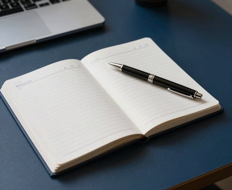 Minimalist shot of an office desk in Brazil with an open planner and a high-end pen, soft sunlight, deep charcoal blue and pearl white palette.