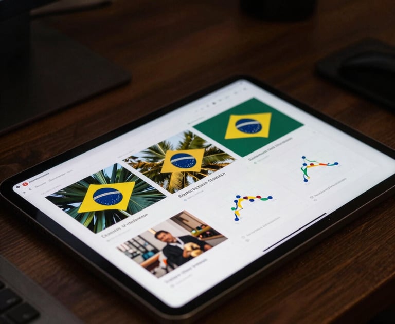 A high-contrast photo of a professional desktop with a digital tablet showing a graphic layout, South American / Brazilian creative studio vibe.