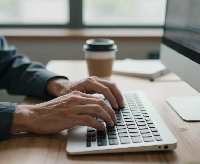 A close-up of a digital marketing strategist's hands typing on a sleek keyboard in a modern North American office. A branded coffee mug and soft light from a side window complete the professional scene.