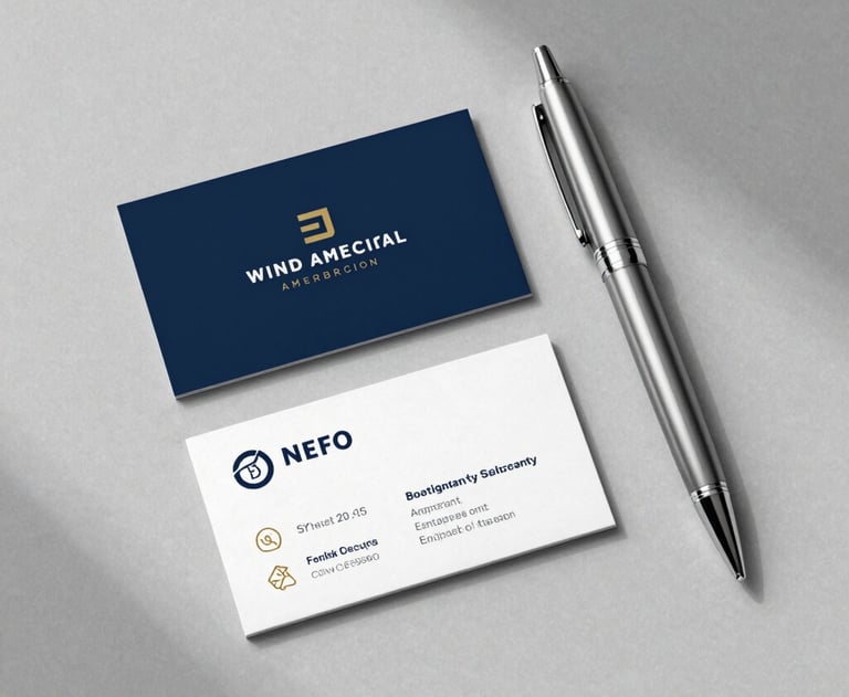 A flat lay of a professional business card and a high-end pen on a light grey textured background, with a soft shadow from a window. The style is clean, modern, and high-end North American professional.
