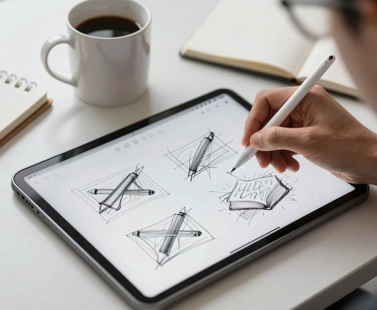 A high-quality photograph of a person sketching app wireframes on a tablet using a stylus. The desk is organized with a coffee mug and a notepad in a bright US setting.