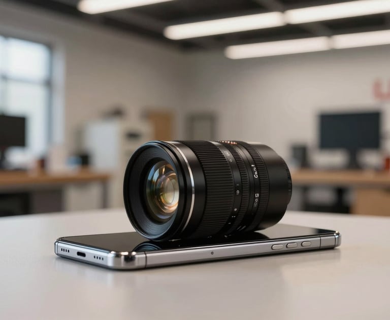 A high-end smartphone lying on a clean surface, with a blurred background showing a modern, creative workshop space in the US.