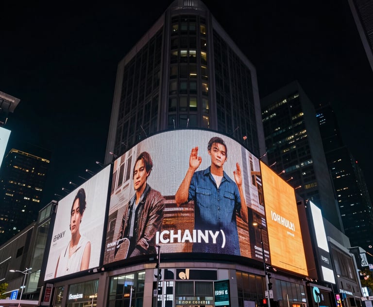 A wide shot of a modern city at night with digital screens displaying vibrant advertisements. Dark navy and tan color palette. International setting.