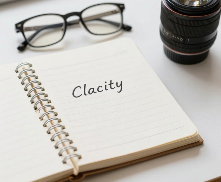 A professional notebook and a pair of glasses on a minimalist desk. The scene is bright and organized, conveying a message of clarity and problem-solving.
