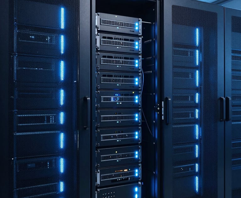 An artistic shot of a blue-tinted server room with glowing lights, representing the digital infrastructure Hassan supports through his testing.