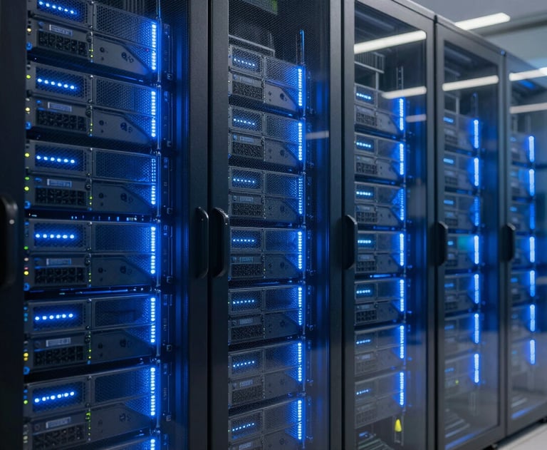 Abstract wide shot of a modern data center with glowing blue server racks, shot through a glass panel with subtle reflections.