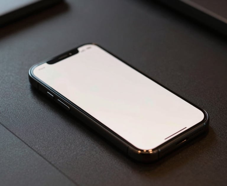 A close-up shot of a smartphone lying on a designer desk, with its screen glowing in a soft off-white light.