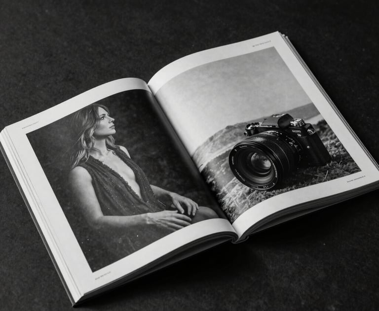 An open luxury magazine featuring minimalist layout design. High contrast black and white photography. North American / International editorial style.
