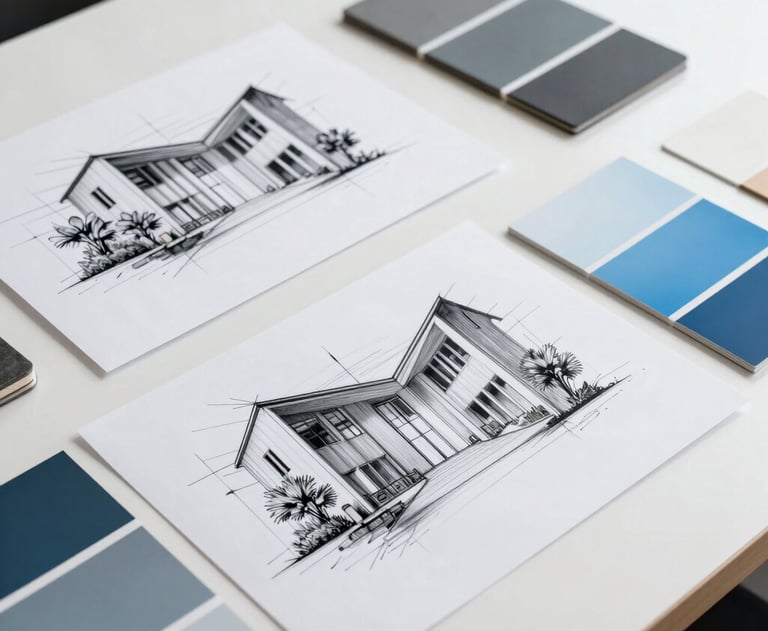 A series of high-end architectural sketches and color swatches in slate and sky blue on a clean white desk. Professional North American / International design process photography.
