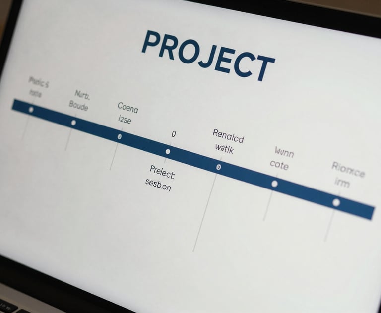 A top-down view of a project roadmap on a screen, with clean typography and minimalist timelines in blue and off-white.