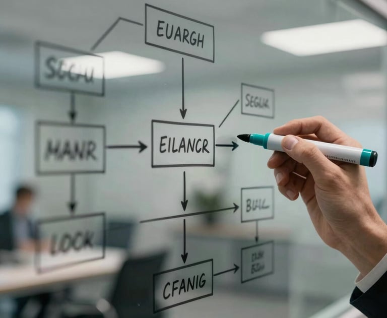 Close-up of a hand drawing a complex flowchart on a glass whiteboard with a teal marker. Sharp focus, professional tech environment.