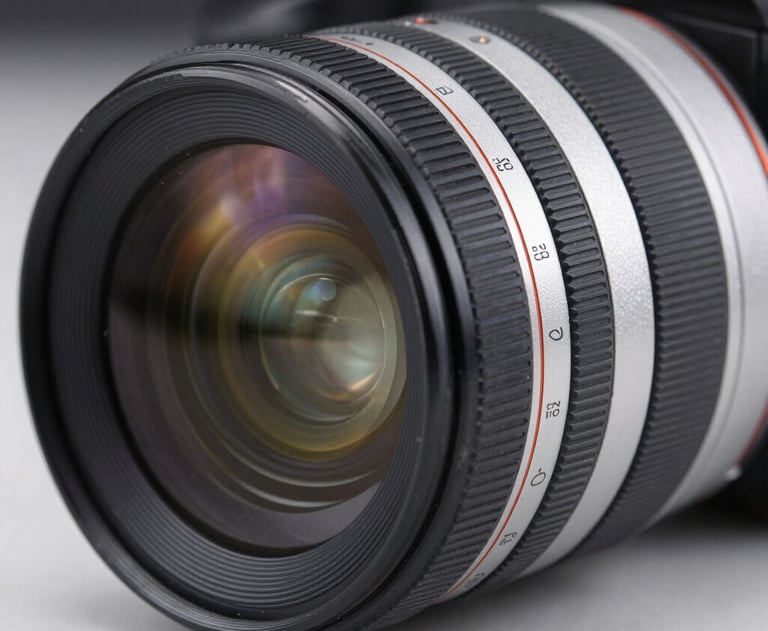A close-up of a high-end studio camera lens, with soft blue and silver reflections. High resolution, professional photography equipment.