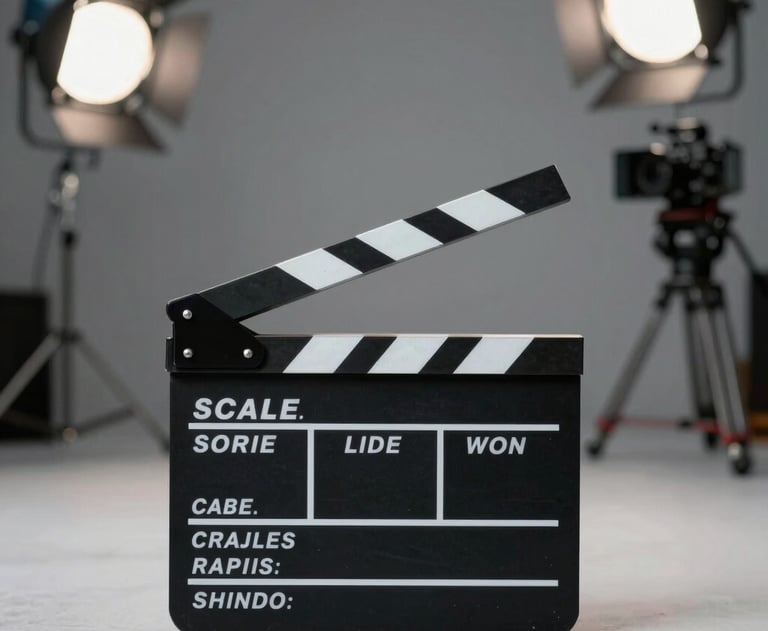 A professional clapperboard lying on a minimalist film set, with a blurred background showing studio lights and a camera. Cinematic lighting, soft grays.