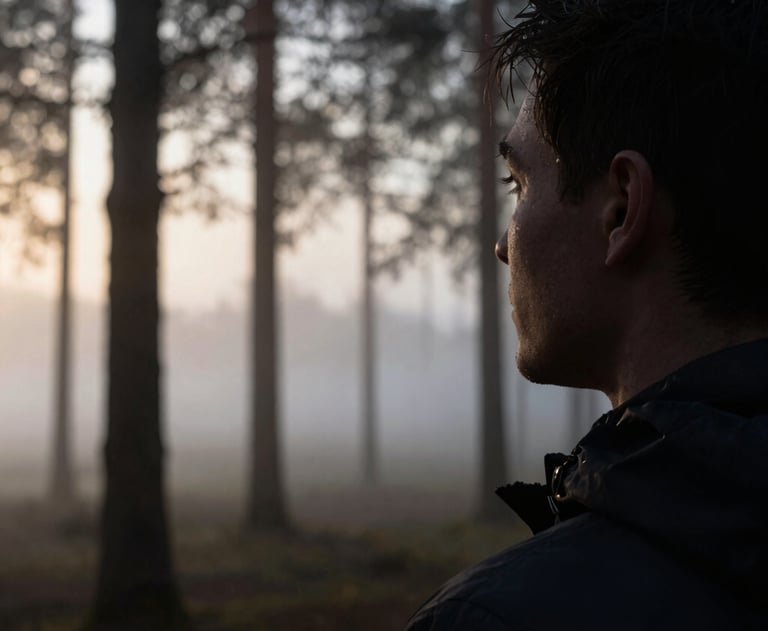 Close-up of a person's silhouette looking out at a foggy Baltic forest at dawn, symbolizing clarity after confusion.