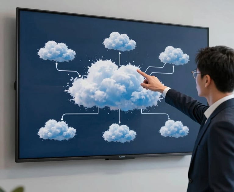 A photograph of a person in a sleek North American office suite, pointing at a wall-mounted digital screen showing a complex cloud architecture map in slate navy and sky blue.