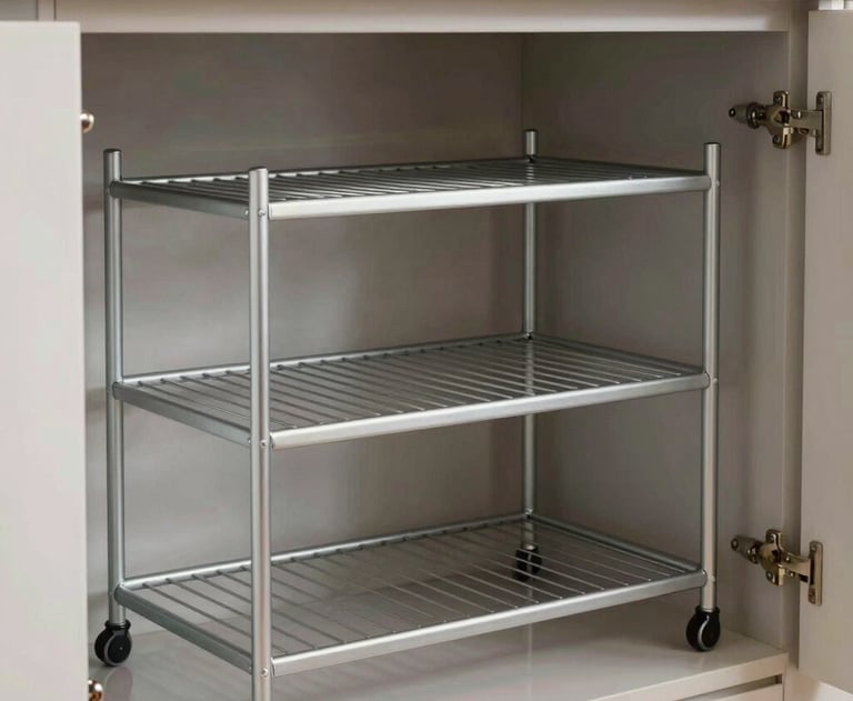Sebuah lemari piring aluminium custom yang dipasang di dapur modern, menunjukkan rak-rak yang kokoh dan desain minimalis yang bersih.
