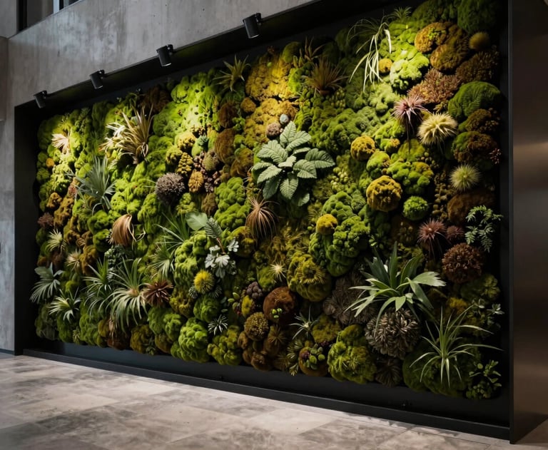 Atmospheric architectural photography of a dark moss green living wall inside a minimalist black steel and concrete lobby, sophisticated lighting.