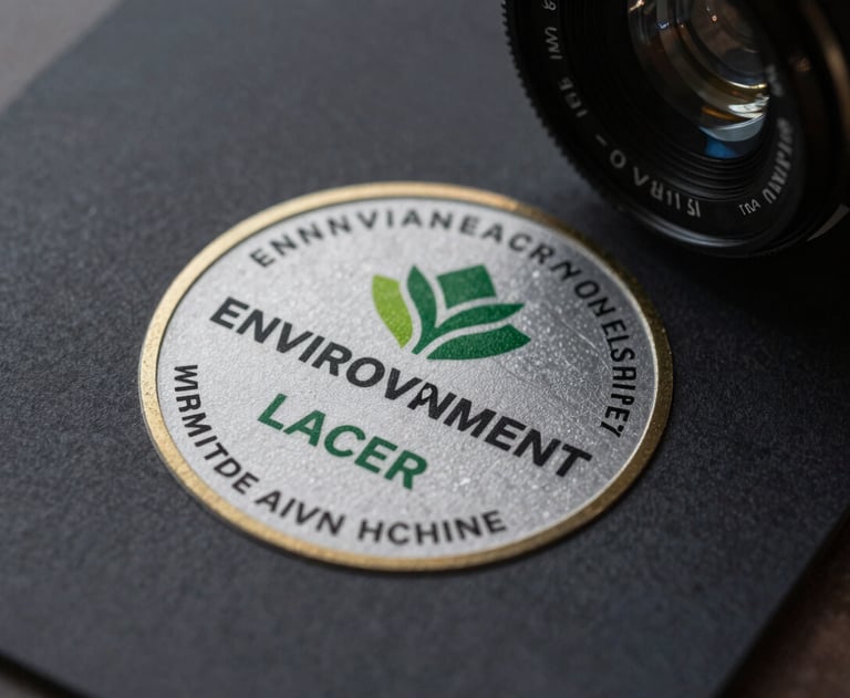 Close-up of a high-quality environmental certification stamp on a dark paper document, low-key lighting, professional and authoritative tone.