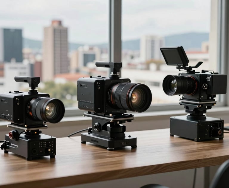 Professional desk with high-end tech equipment and a view of a professional Latin American cityscape through a clean window.