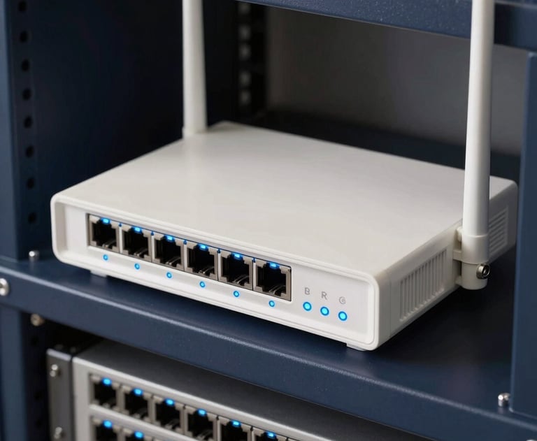 Clean, technical photography of a modern router and glowing blue network indicators in a professional office rack. Off-white and dark navy theme.