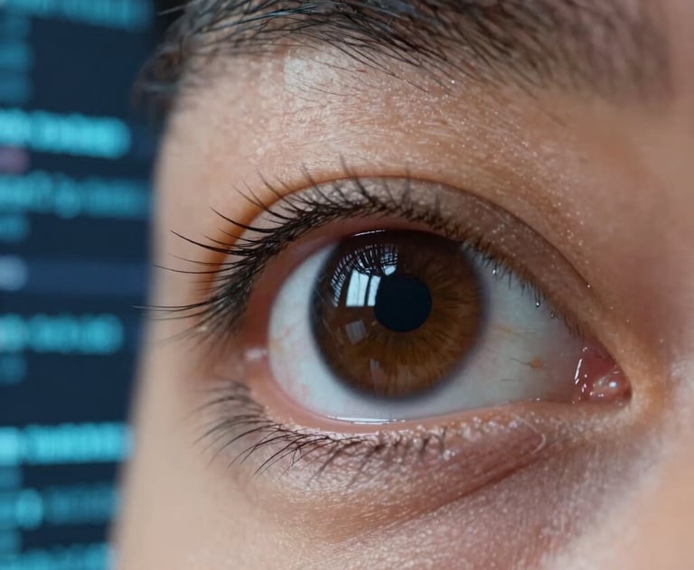 Macro photography of an Indonesian professional's eye reflecting a digital display with blue lines of code. High-tech, futuristic, and focused on detail.