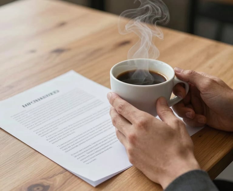 A person's hands holding a steaming cup of coffee while looking at a printed document on a light-colored wooden table. Peaceful and thoughtful mood.