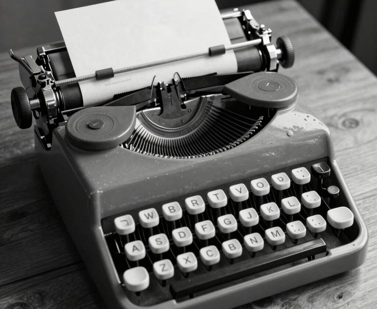 A black and white photograph of a classic typewriter on a wooden table, emphasizing the timeless nature of good writing.