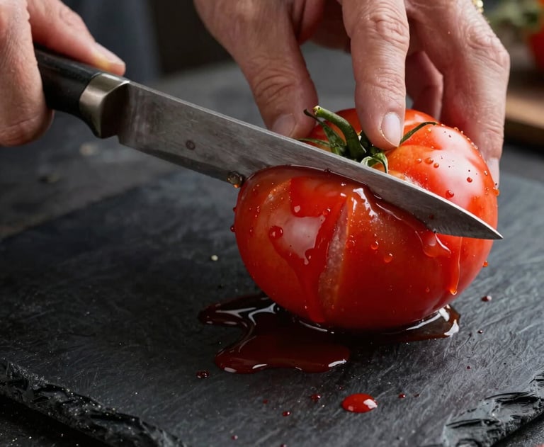 Close-up of a rustic knife cutting a fresh tomato on a charcoal black board. Professional culinary photography, Deep Crimson Red juice drops.