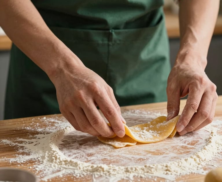 A close up of hands preparing a fresh pasta dish on a flour-dusted wood table. Warm natural light, Matte Forest Green apron, professional lifestyle style.