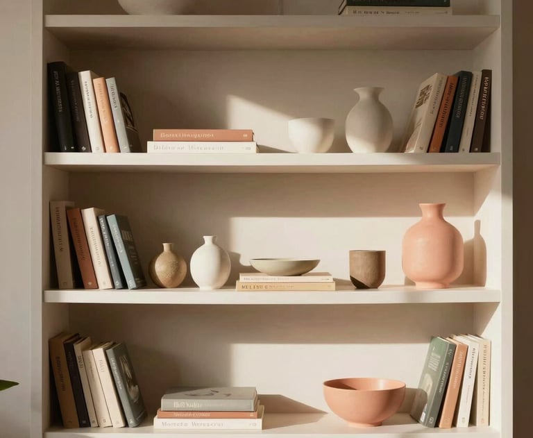 A sunny living area showcasing a minimalist bookshelf with carefully curated objects. Soft beige and salmon colors. South American &amp;#x2F; Brazilian setting.