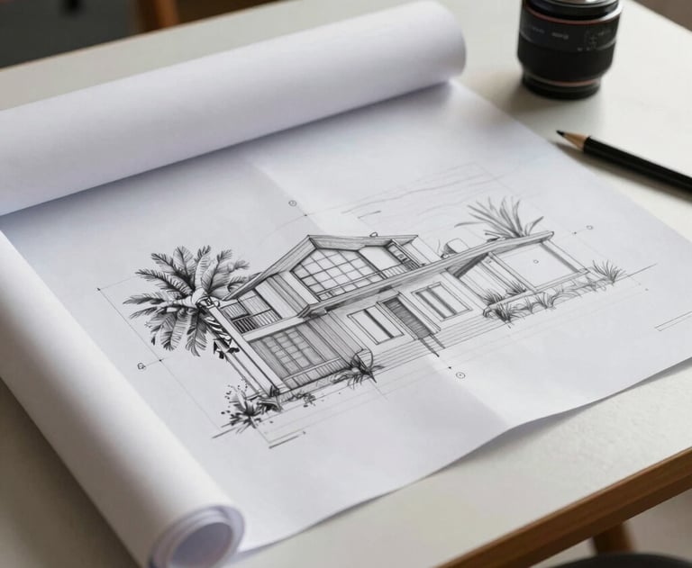 An architectural plan unrolled on a clean table, surrounded by natural sunlight and simple drawing tools. South American &amp;#x2F; Brazilian context.