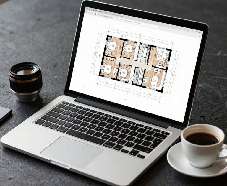 A professional photograph of a laptop displaying a complex architectural floor plan next to a cup of coffee on a clean, dark slate surface.