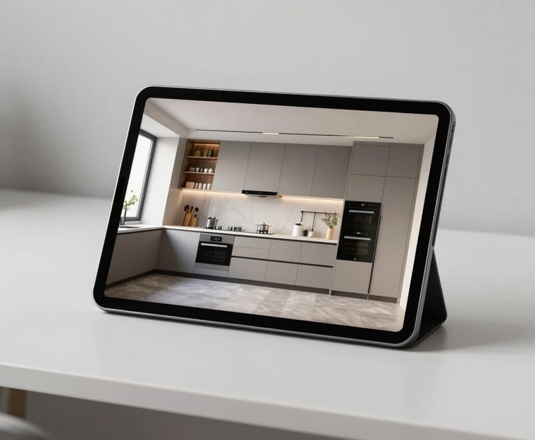 A clean, minimalist photography shot of an architect's workspace with a high-resolution tablet showing a finished interior render of a modern kitchen.