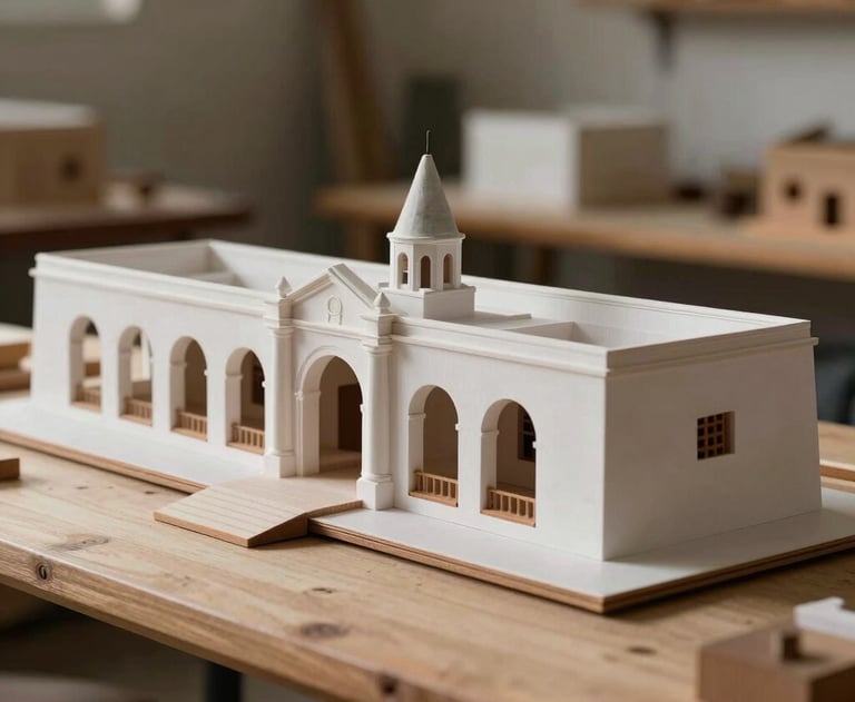 Professional photo of architectural scale models arranged in a row in a South American / Chilean studio with natural lighting.