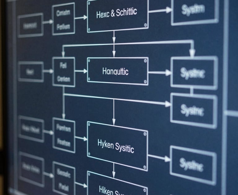 Macro technical shot of high-resolution SysML diagrams on a vertical blueprint screen, clean white vector lines on a deep slate background, cool precise technical lighting, sharp focus on system blocks.