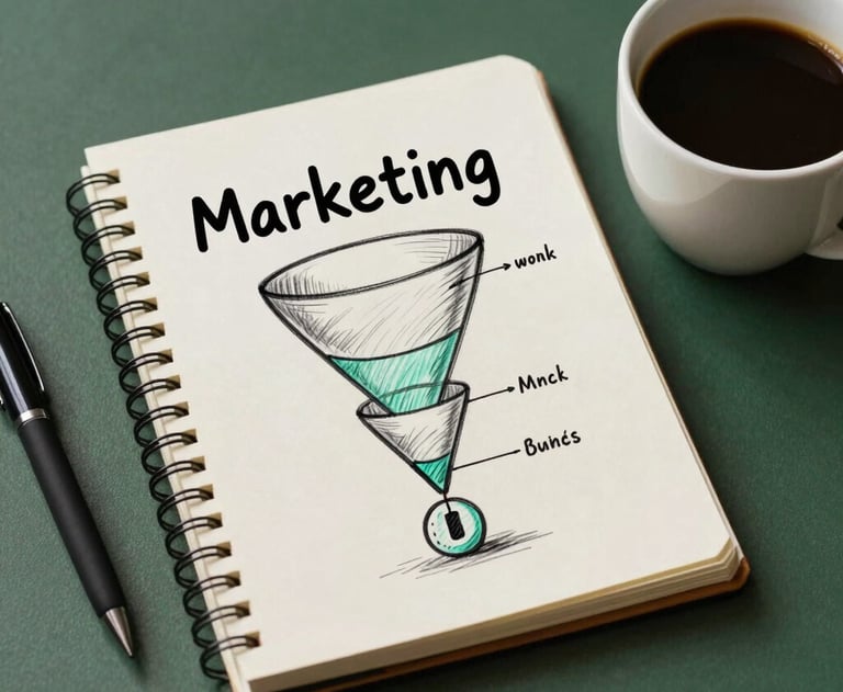 A close-up of a notebook with a sketched marketing funnel next to a fresh cup of coffee, deep matte forest green desk.